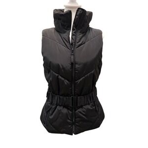 Zara Basic Womens Black Quilted Puffer Vest Belted Funnel Neck Large 7901/221